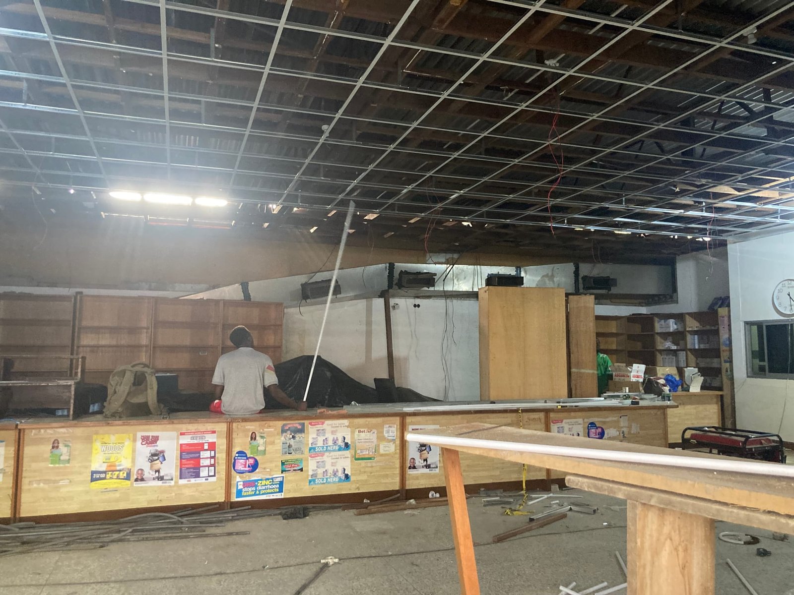 Steel ceiling framework installed during the PNT Wholesale Pharmacy renovation, Accra