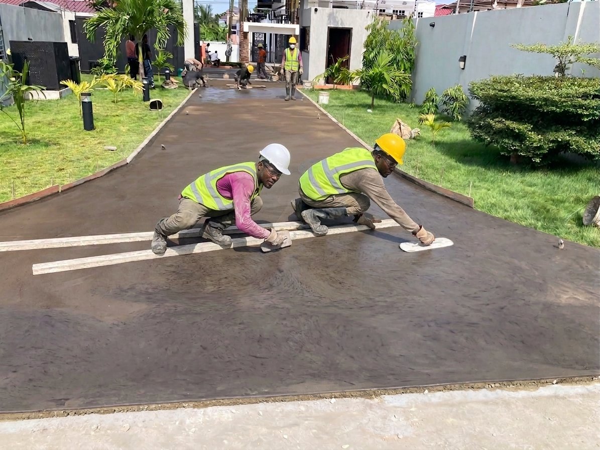 Concrete slab finishing work on a residential driveway at Abotsi Street, Accra